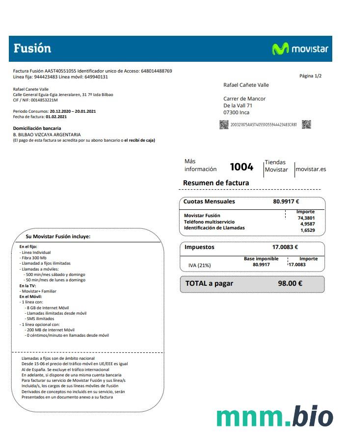 Hiszpania Movistar Fusion operator telekomunikacyjny dokument rachunku za media w formacie Word i PDF